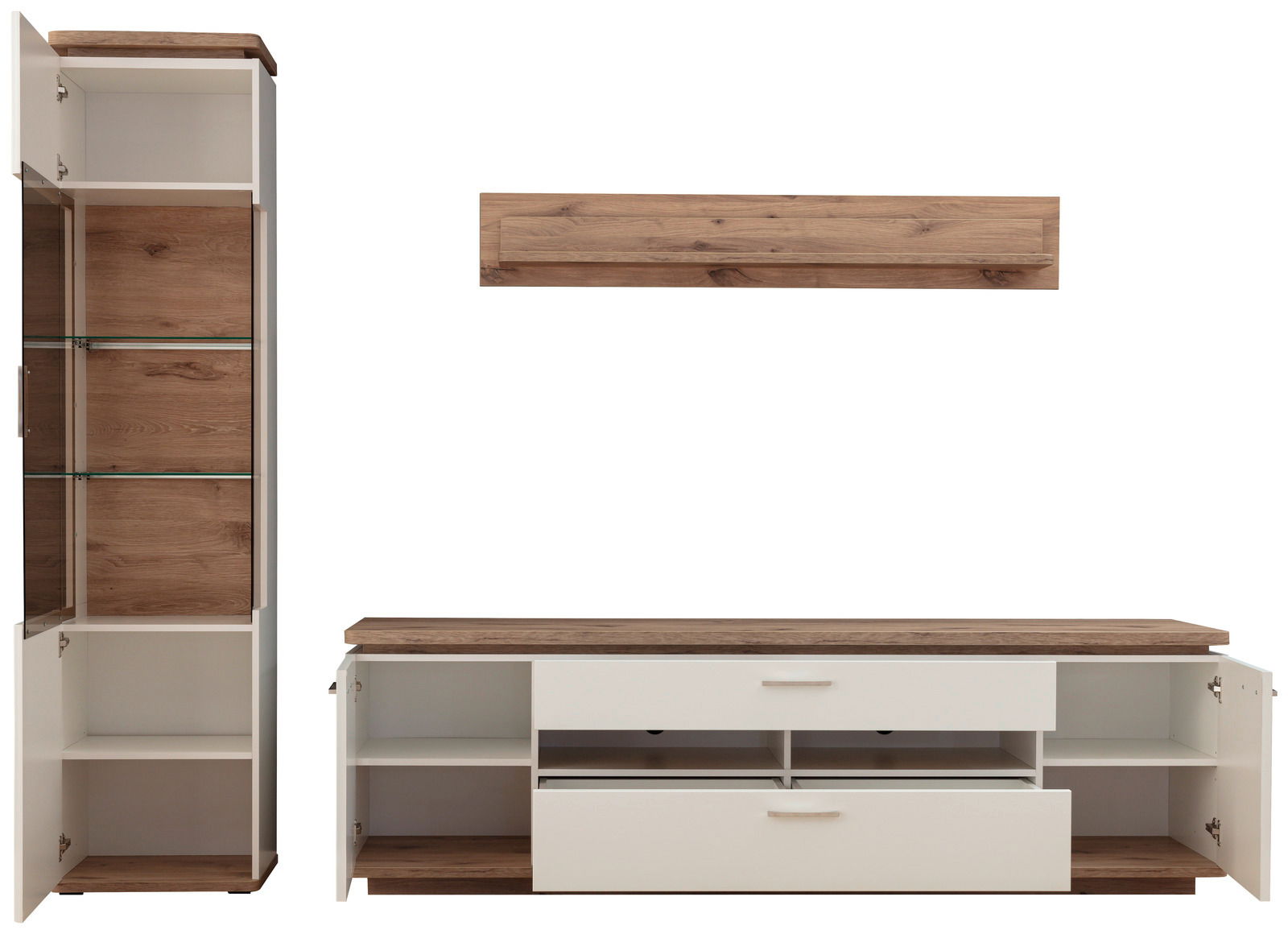 Wandkombination in Holzoptik mit weißen Elementen, bestehend aus einem hohen Schrank mit Glastüren, einem langen TV-Schrank mit Schubladen und einem Wandregal. Frontalansicht.