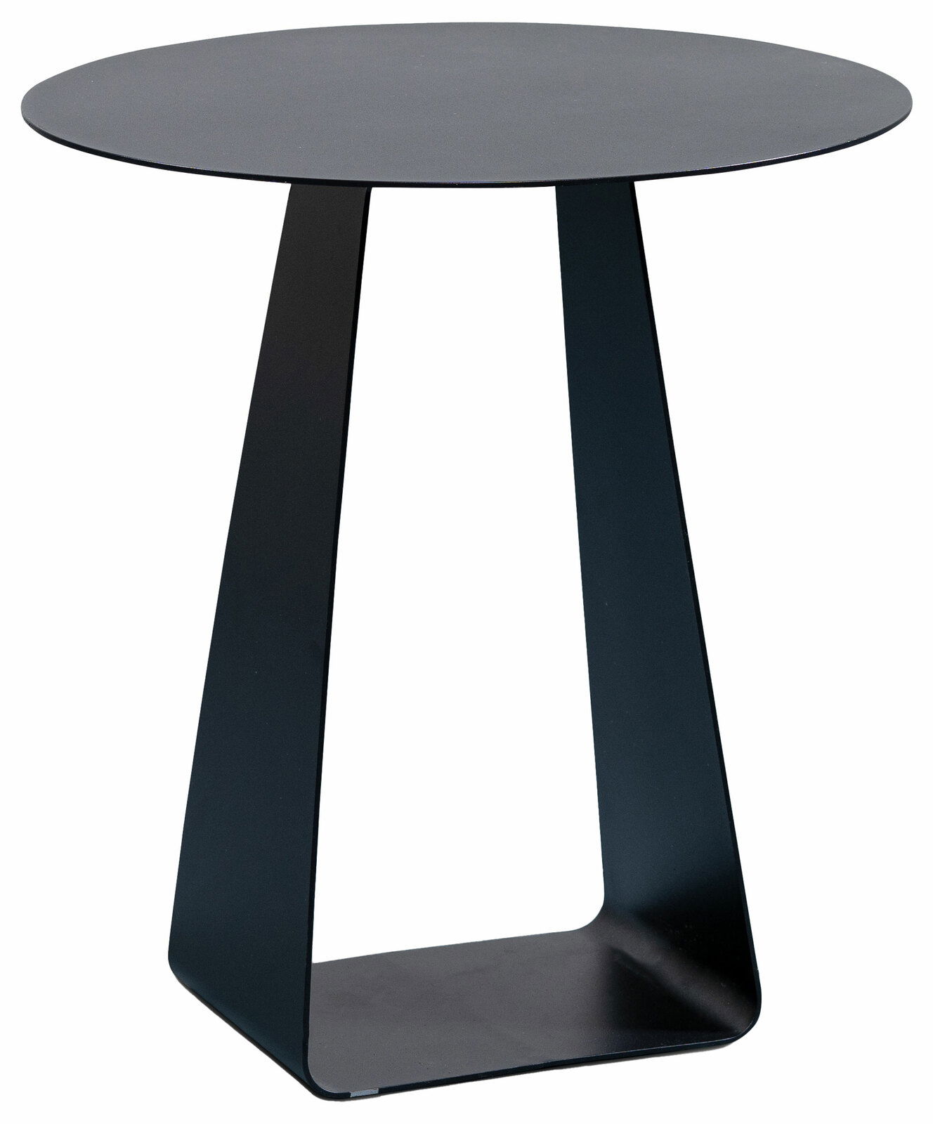 Moderner schwarzer Beistelltisch aus Metall mit runder Tischplatte und dreieckigem Standfuß, seitliche Perspektive