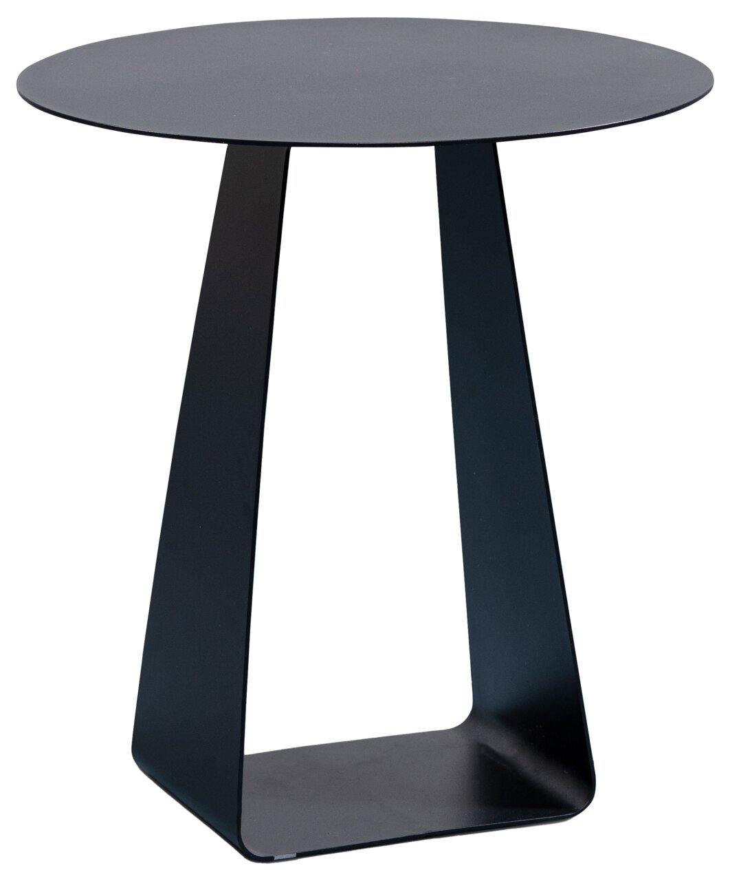 XORA Beistelltisch FREDDY Moderner schwarzer Beistelltisch aus Metall mit runder Tischplatte und dreieckigem Standfuß, seitliche Perspektive