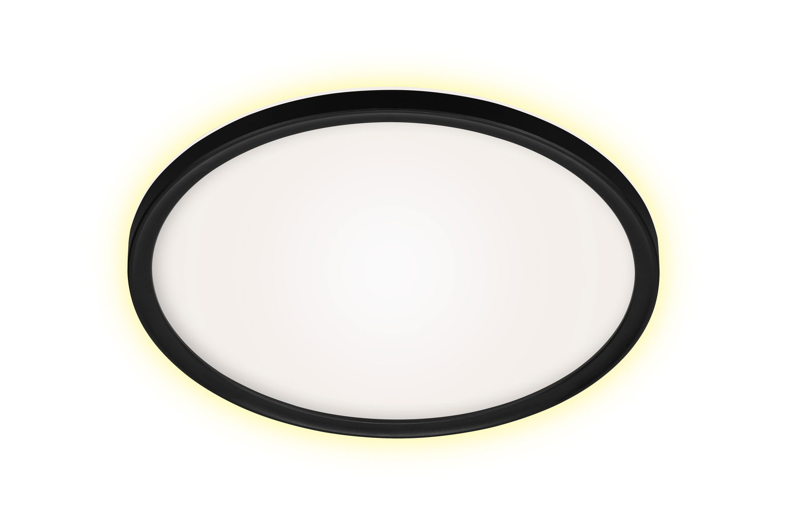 Runde LED-Deckenleuchte mit schwarzem Rahmen, von unten betrachtet, mit sanftem gelbem Lichtschein.