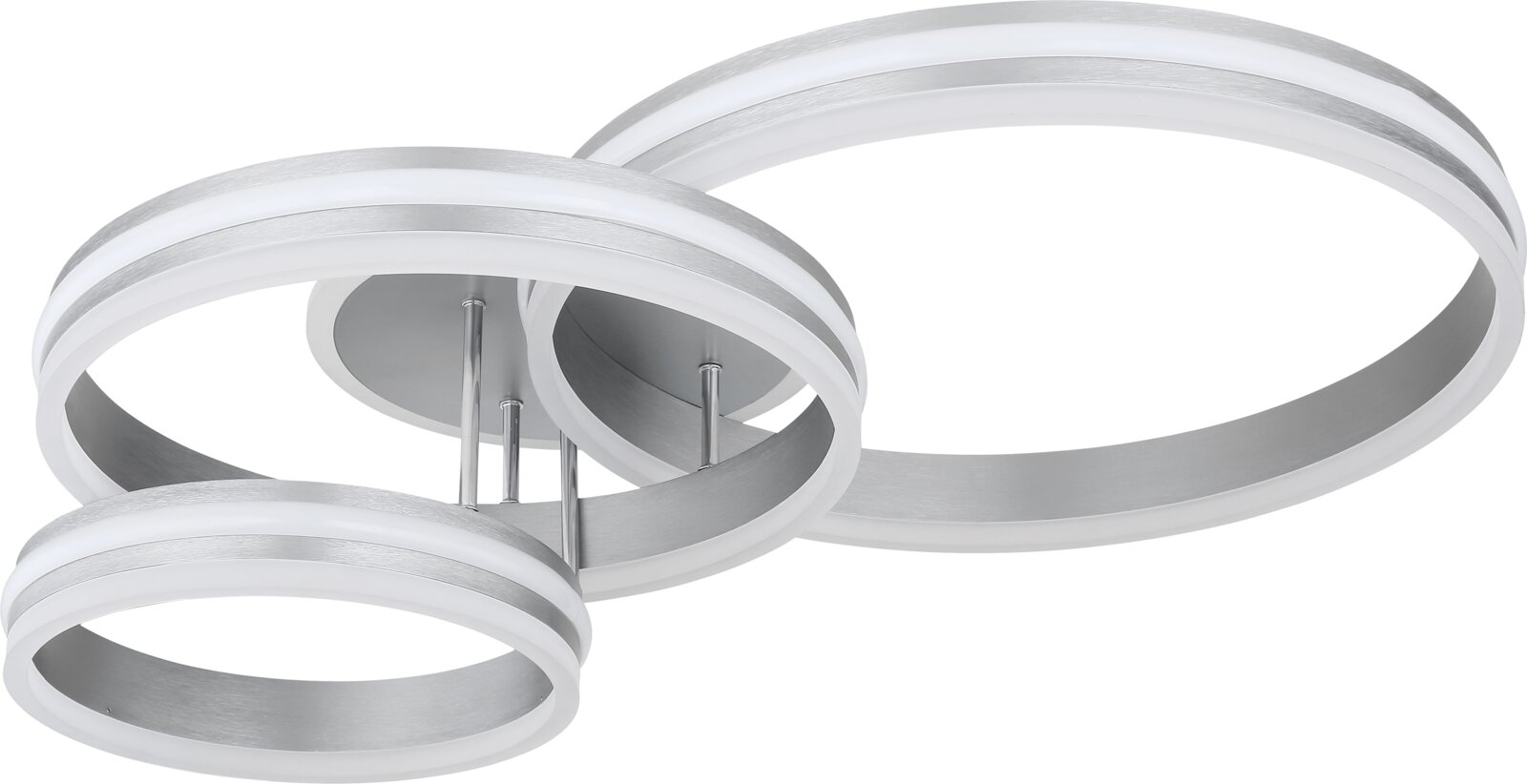 Moderne led-plafondlamp met drie in elkaar verweven ringen van metaal en kunststof, zijaanzicht
