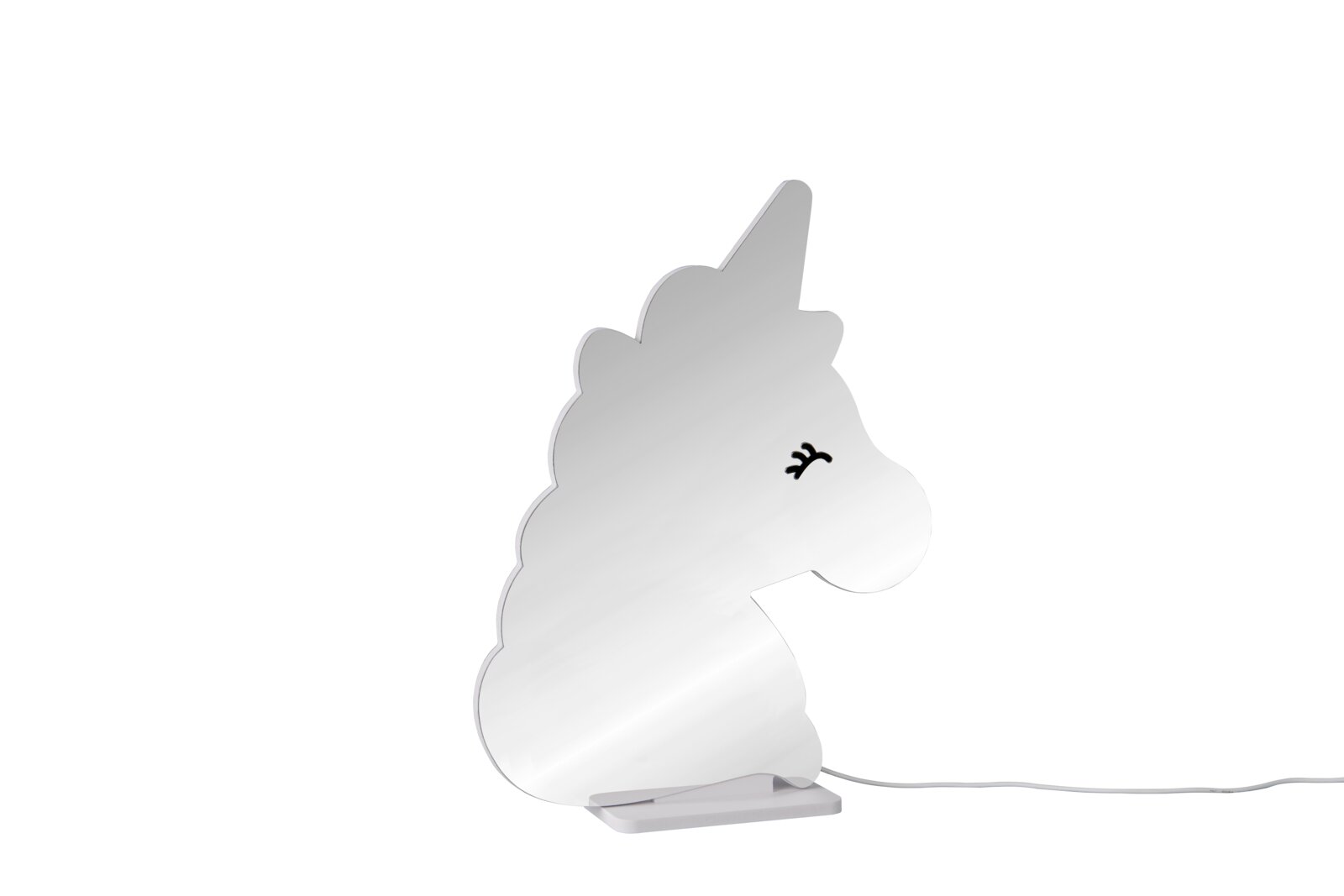 Einhorn-förmige Tischlampe/Nachtlicht in Weiß mit schwarzem Auge, auf kleinem Standfuß mit Kabel, freigestellt auf weißem Hintergrund, Seitenansicht.