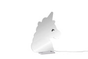 Einhorn-förmige Tischlampe/Nachtlicht in Weiß mit schwarzem Auge, auf kleinem Standfuß mit Kabel, freigestellt auf weißem Hintergrund, Seitenansicht.