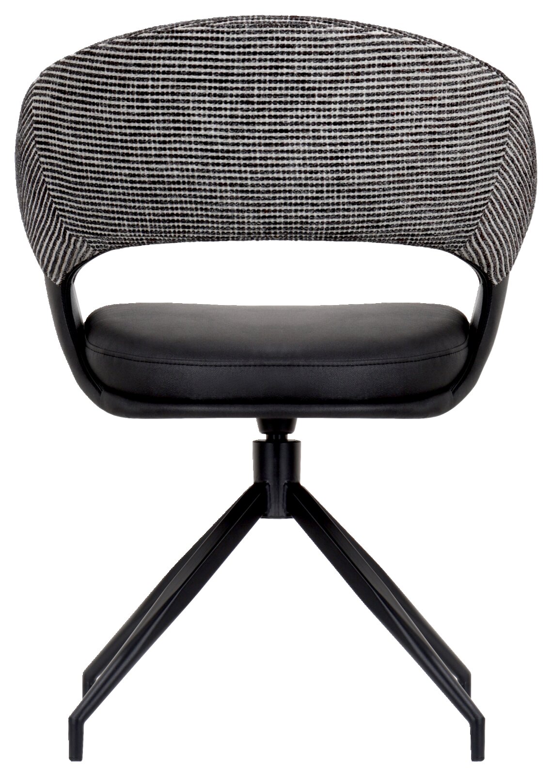 Achterkant van een moderne fauteuil met gestoffeerde zitting en gestreepte rugleuning op een zwart metalen frame.