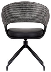 Achterkant van een moderne fauteuil met gestoffeerde zitting en gestreepte rugleuning op een zwart metalen frame.