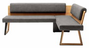 Moderne Eckbank mit grauem Polster und Holzrückwand, seitliche Perspektive