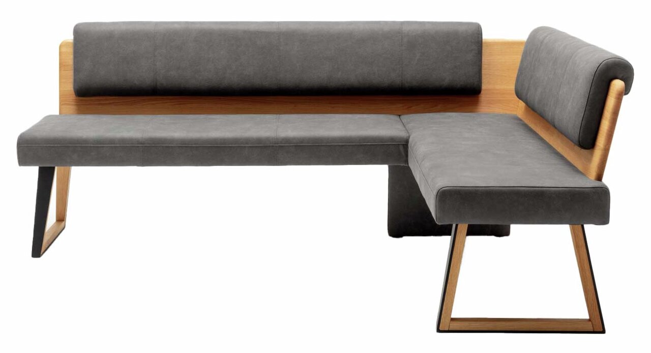 Moderne Eckbank mit grauem Polster und Holzrückwand, seitliche Perspektive