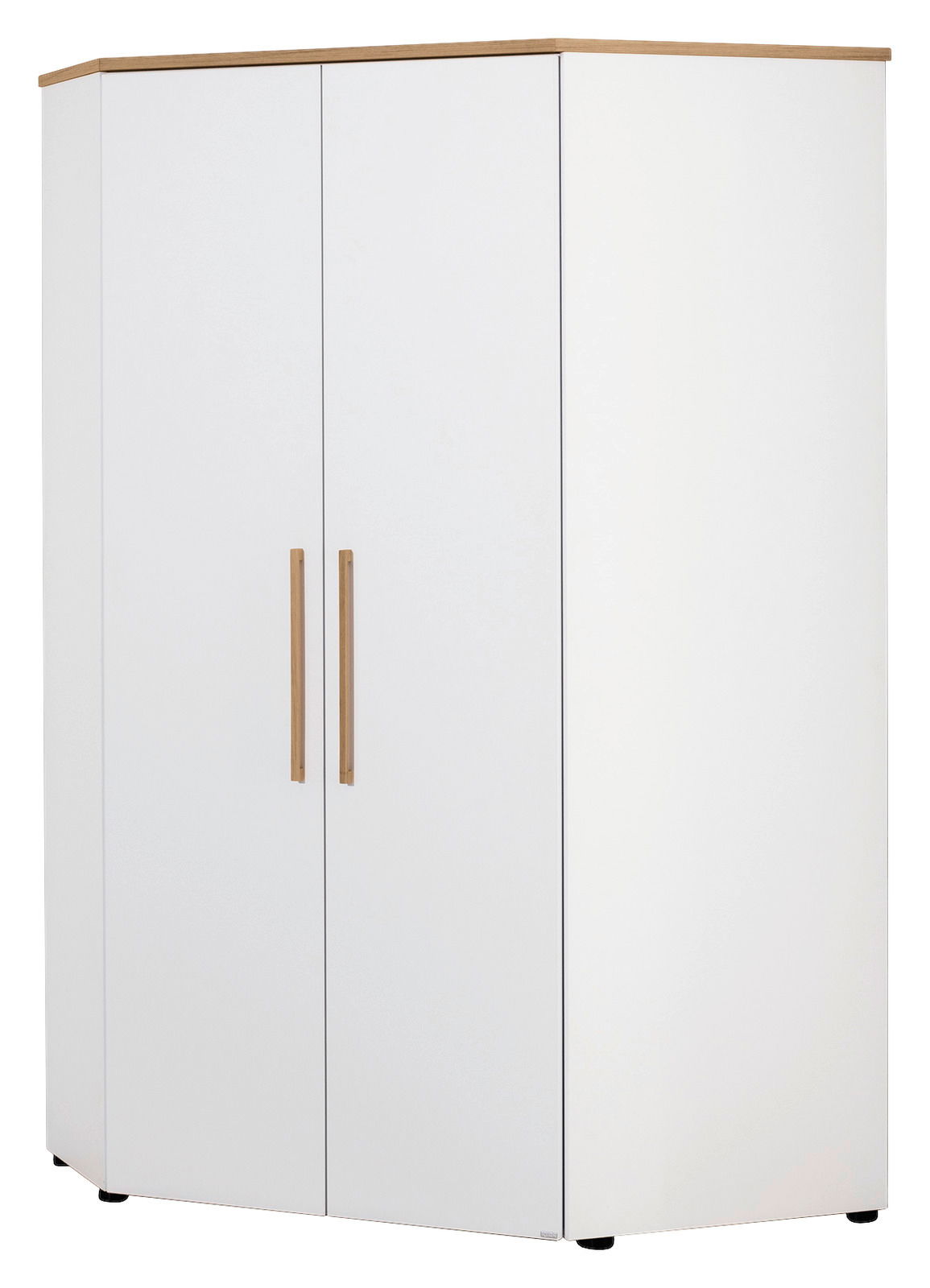 Paidi Eck-Kleiderschrank OSCAR Weißer Eck-Kleiderschrank mit Holzakzenten, frontal und leicht seitlich fotografiert.