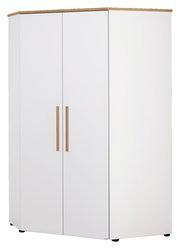 Weißer Eck-Kleiderschrank mit Holzakzenten, frontal und leicht seitlich fotografiert.