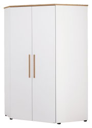 Weißer Eck-Kleiderschrank mit Holzakzenten, frontal und leicht seitlich fotografiert.