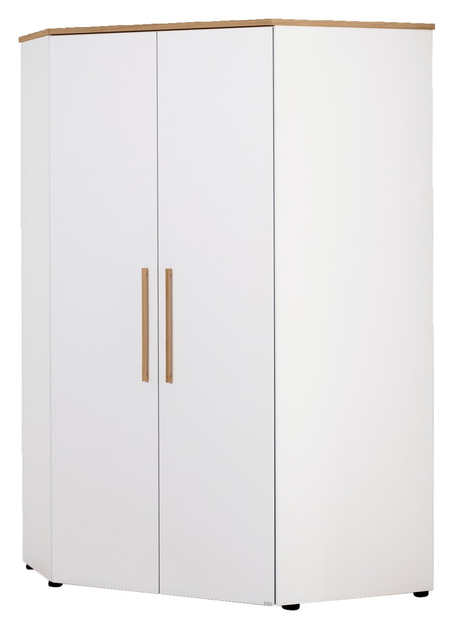Weißer Eck-Kleiderschrank mit Holzakzenten, frontal und leicht seitlich fotografiert.