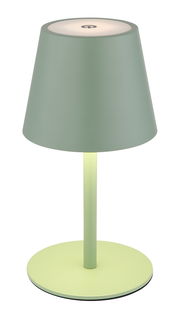 Grüne Akku-Tischleuchte VANNIE 3 in seitlicher Perspektive mit rundem Lampenschirm und stabilem Standfuß.