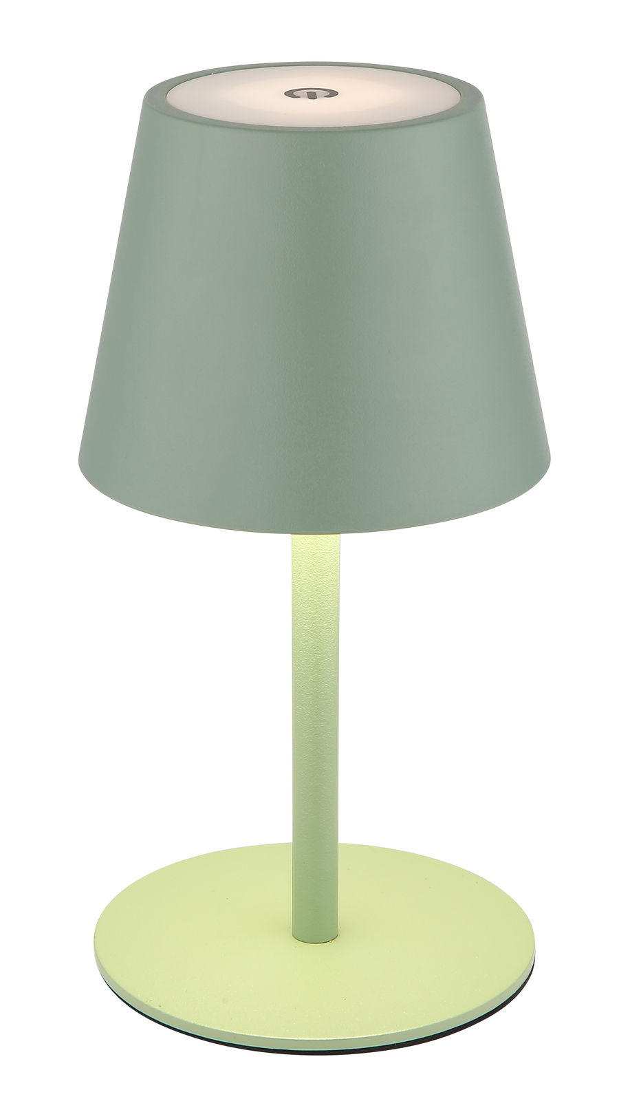 Grüne Akku-Tischleuchte VANNIE 3 in seitlicher Perspektive mit rundem Lampenschirm und stabilem Standfuß.