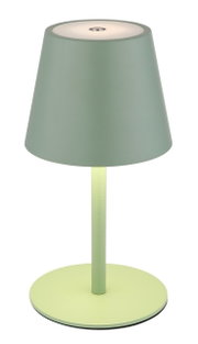 Groene accu-tafellamp VANNIE 3 in zijaanzicht, met ronde lampenkap en stevige voet.