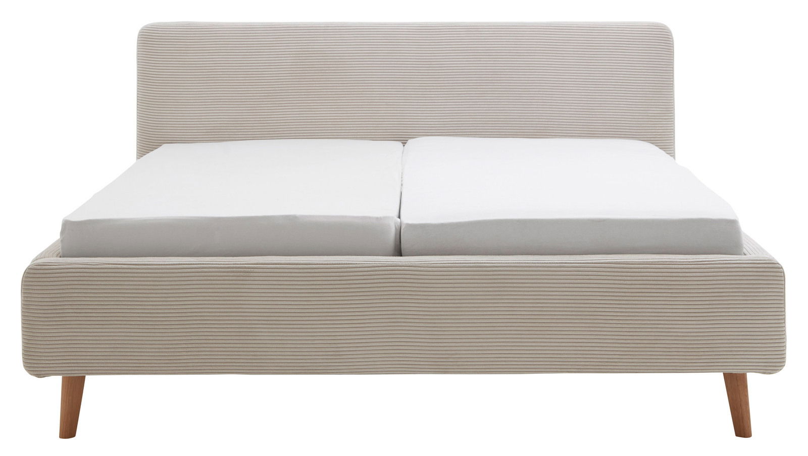 Frontale Ansicht eines Polsterbetts mit gestreiftem Stoffbezug und Holzbeinen.