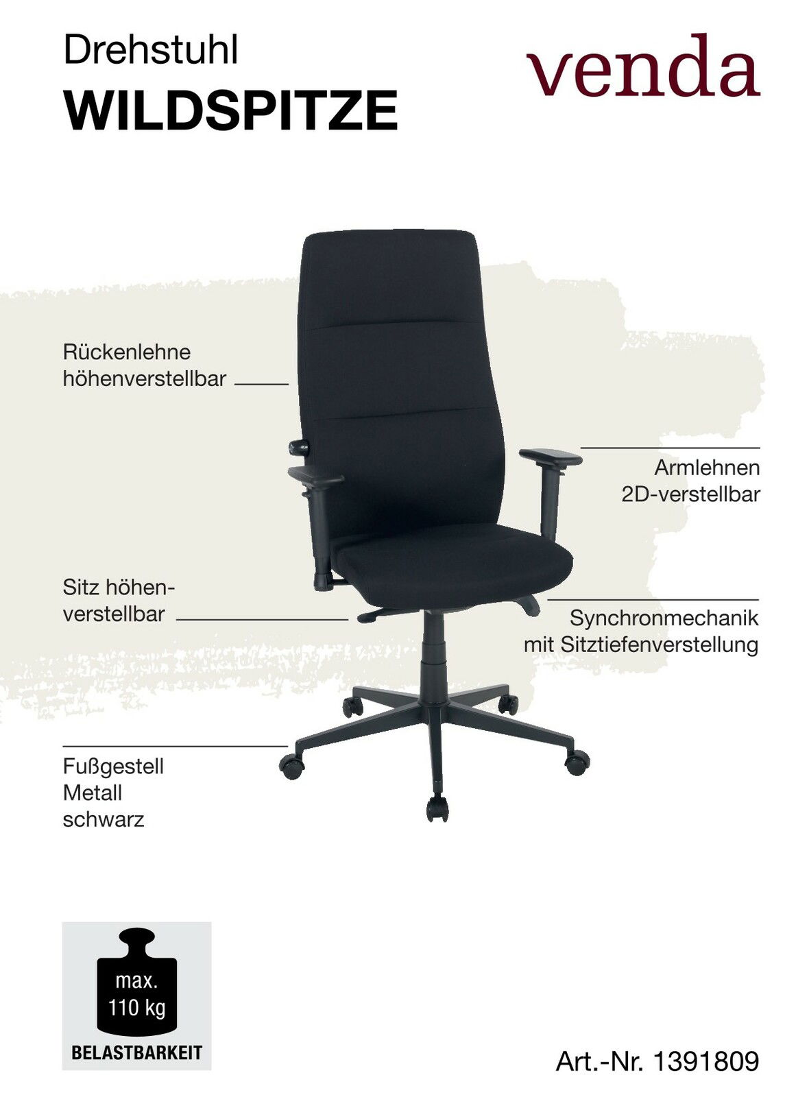 Schwarzer Drehstuhl mit höhenverstellbarer Rückenlehne und Sitz, 2D-verstellbaren Armlehnen, Synchronmechanik mit Sitztiefenverstellung, schwarzem Metallfußgestell, seitliche Perspektive