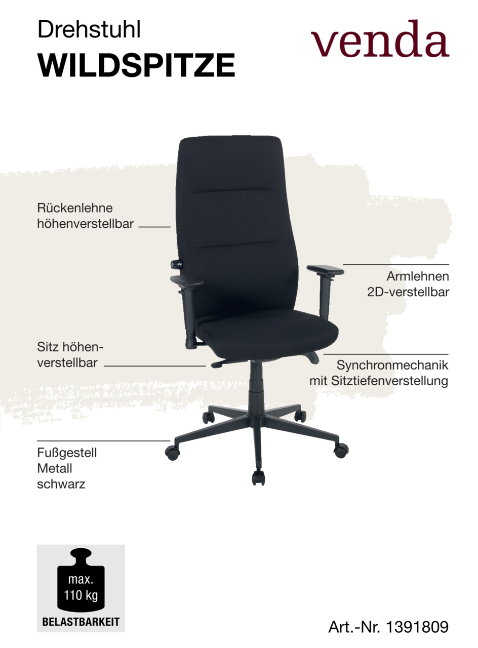 Schwarzer Drehstuhl mit höhenverstellbarer Rückenlehne und Sitz, 2D-verstellbaren Armlehnen, Synchronmechanik mit Sitztiefenverstellung, schwarzem Metallfußgestell, seitliche Perspektive