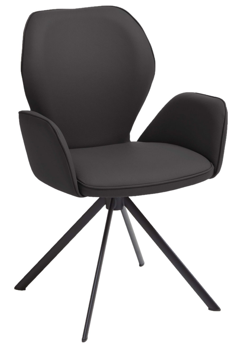 Moderner schwarzer Sessel mit gepolstertem Sitz und Rückenlehne, sowie schrägen Armlehnen, auf einem vierbeinigen Metallgestell. Frontalansicht.