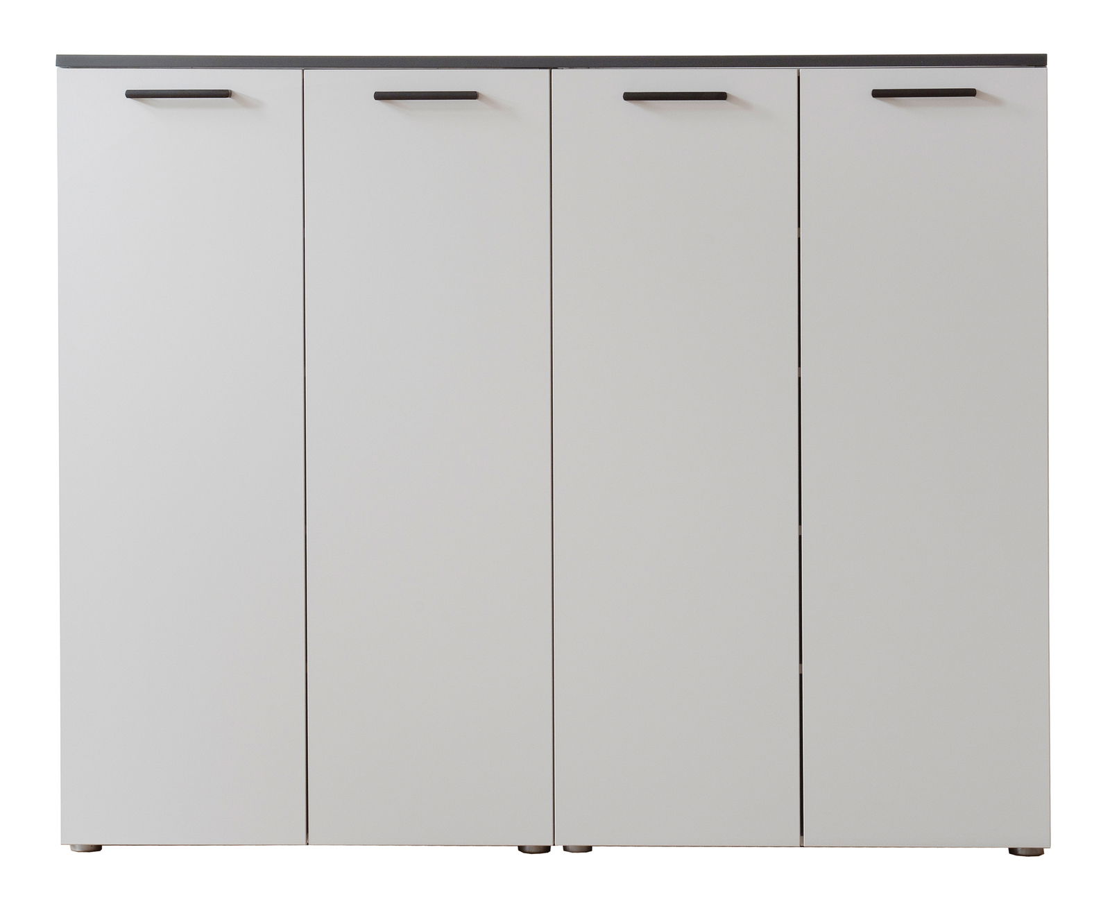 Moderano Mehrzweckschrank ALMADA Frontansicht eines weißen Mehrzweckschranks mit vier Türen und schwarzen Griffen.