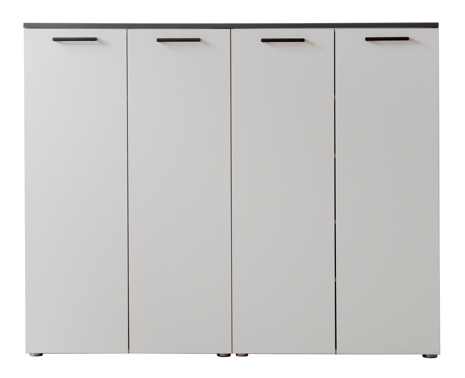 Frontansicht eines weißen Mehrzweckschranks mit vier Türen und schwarzen Griffen.