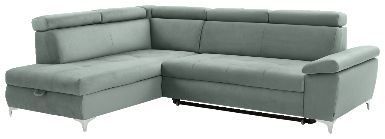 Graues Ecksofa mit verstellbaren Kopfstützen und Armlehne, Perspektive von vorne links