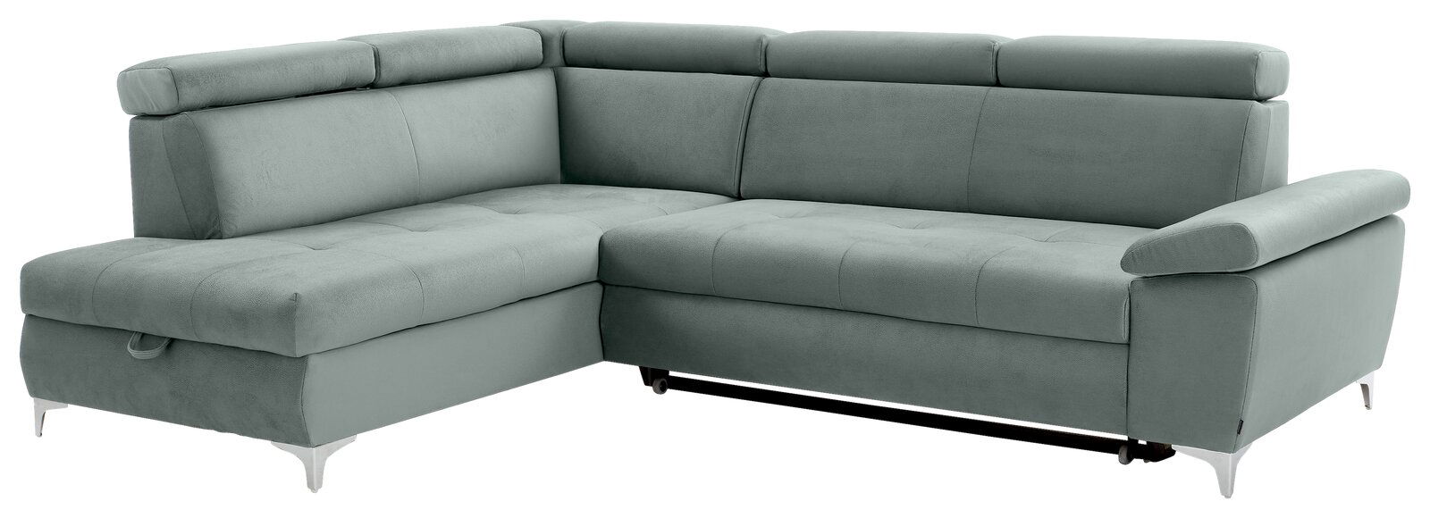 Graues Ecksofa mit verstellbaren Kopfstützen und Armlehne, Perspektive von vorne links