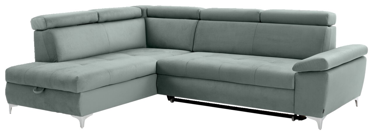 Graues Ecksofa mit verstellbaren Kopfstützen und Armlehne, Perspektive von vorne links