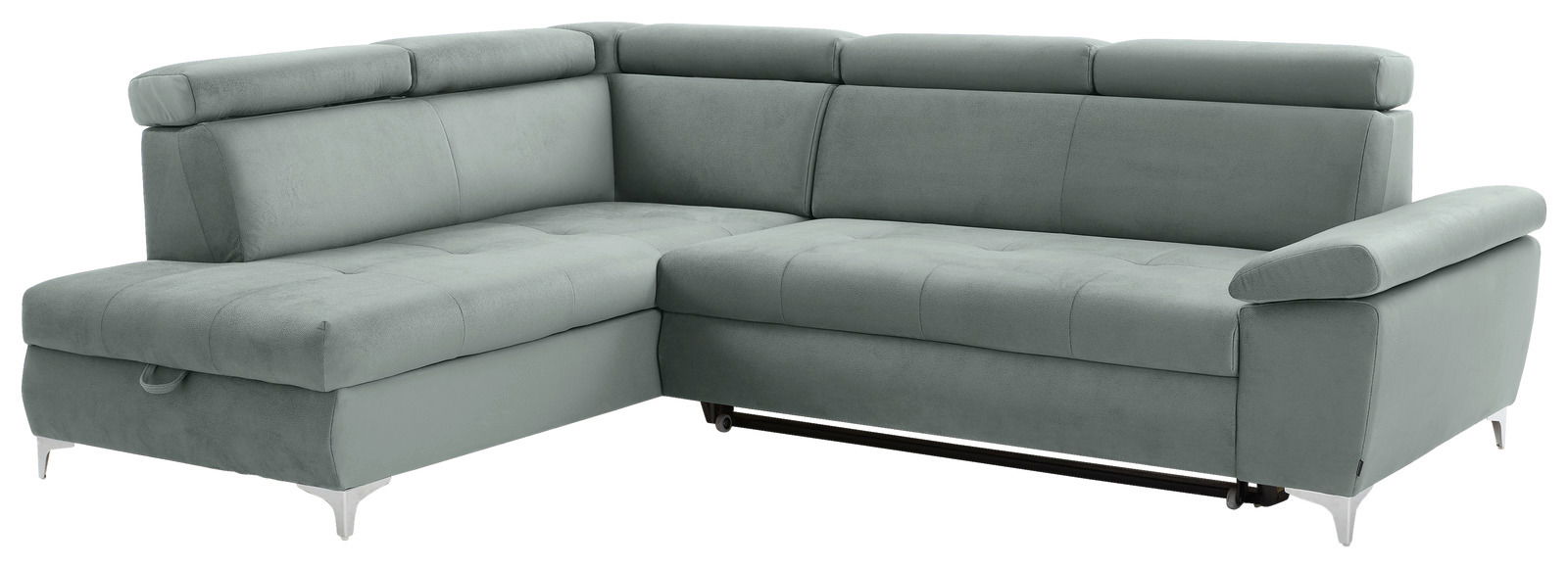 Graues Ecksofa mit verstellbaren Kopfstützen und Armlehne, Perspektive von vorne links