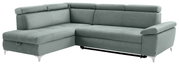 Graues Ecksofa mit verstellbaren Kopfstützen und Armlehne, Perspektive von vorne links