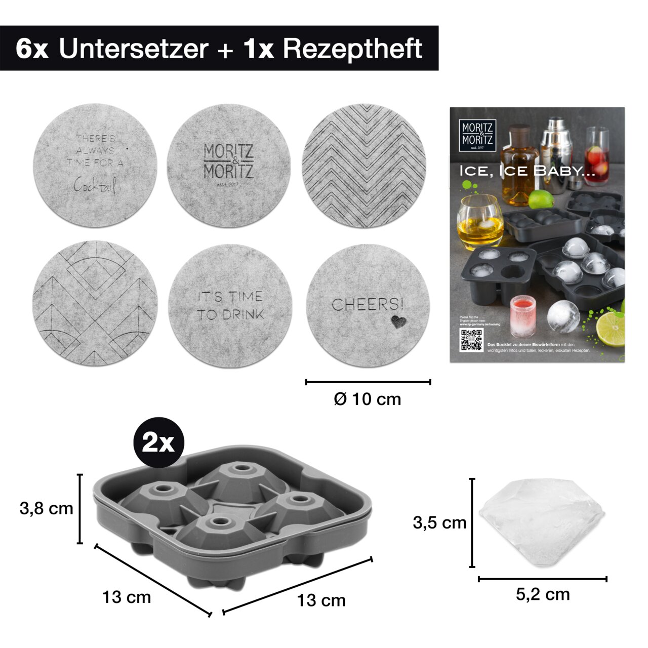 Eiswürfelform in Diamantform mit 6 runden Untersetzern und Rezeptheft, Draufsicht
