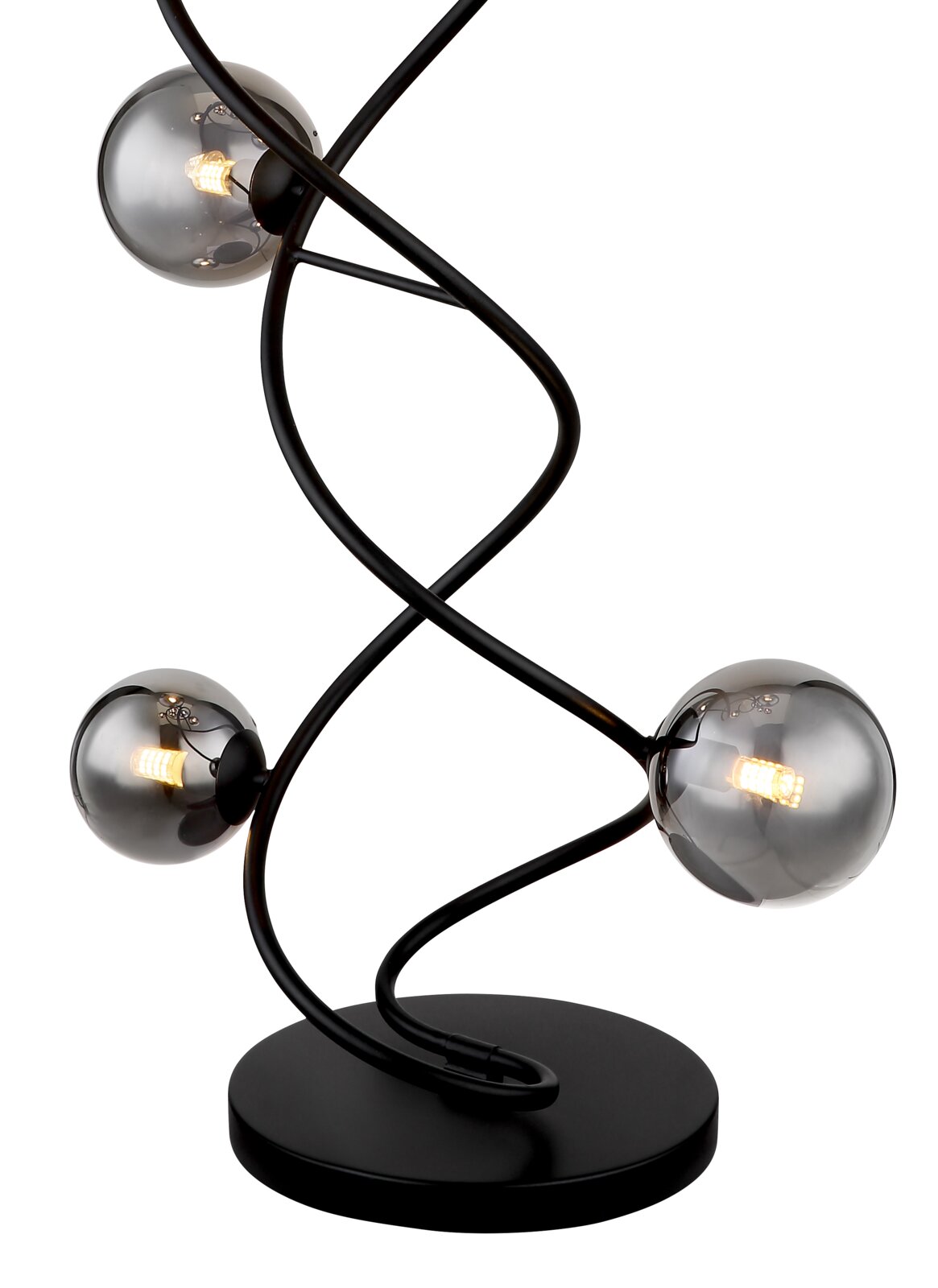 Moderne Stehleuchte mit geschwungenem, schwarzem Gestell und drei kugelförmigen, rauchgrauen Glühbirnen, seitliche Perspektive.