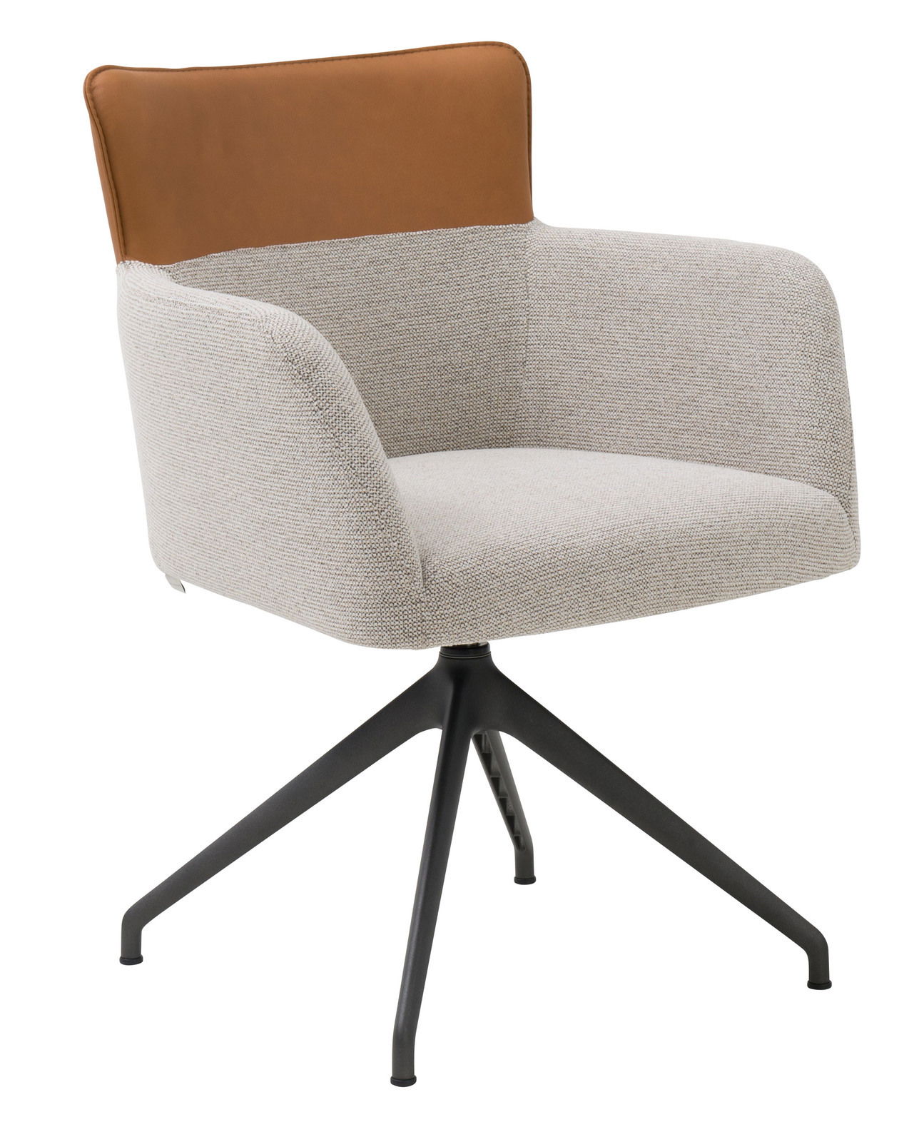 Moderner Sessel mit hellgrauem Stoffbezug und brauner Leder-Rückenlehne, auf schwarzem Metallgestell, seitliche Perspektive