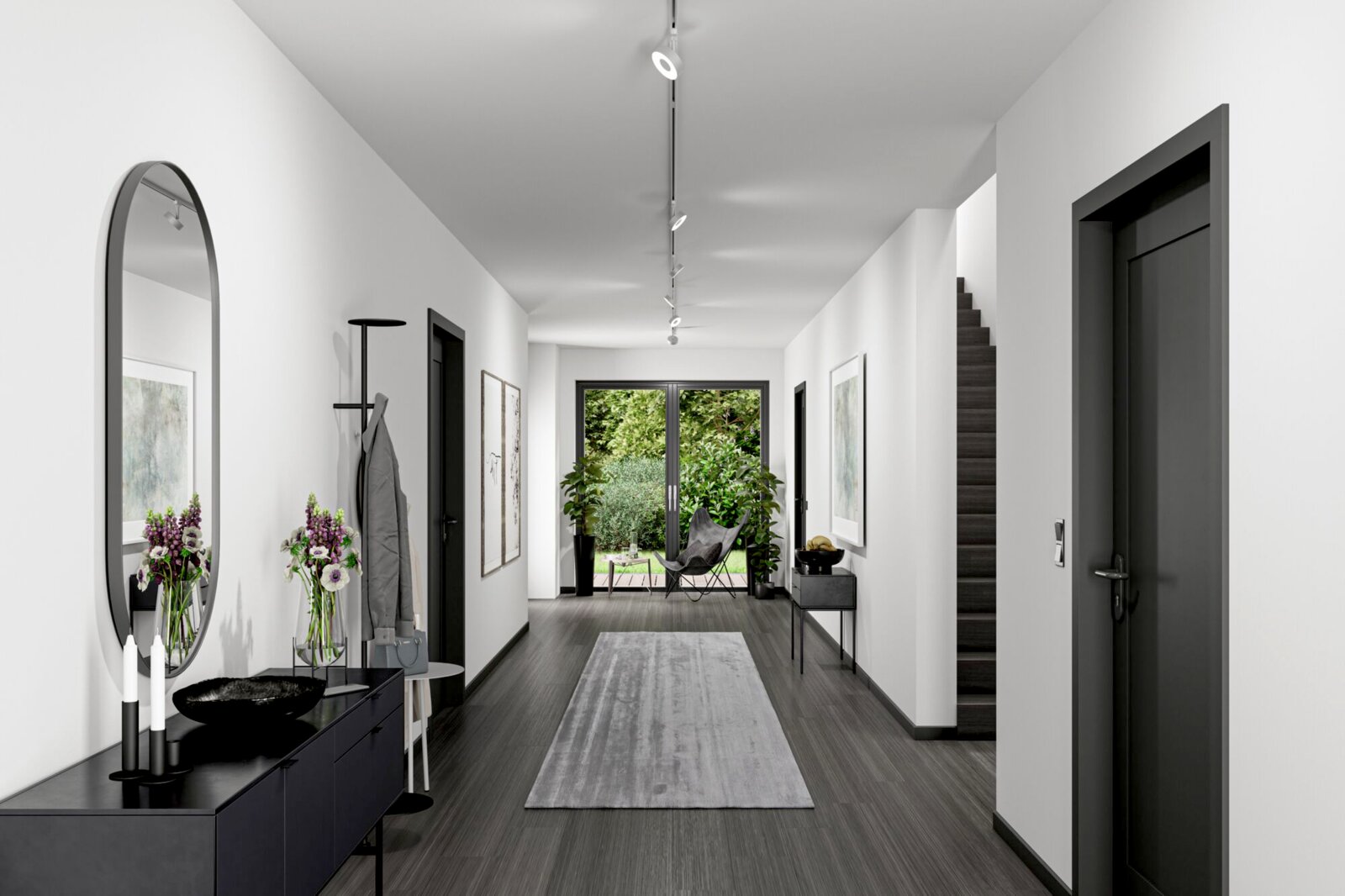 Moderner Flur mit Schienenspot Circle an der Decke, Blick in Richtung Garten.