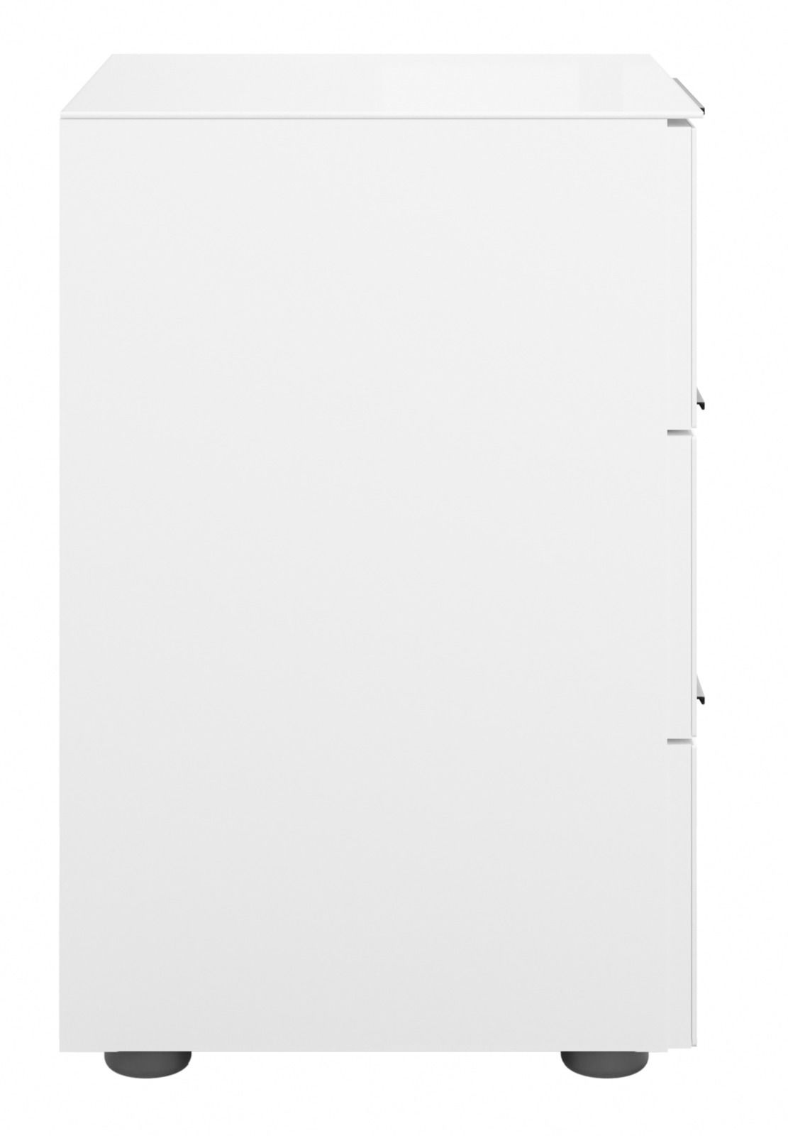 Weiße Nachtkommode, Seitenansicht, mit schlichten Linien und modernem Design.