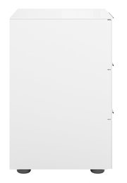 Weiße Nachtkommode, Seitenansicht, mit schlichten Linien und modernem Design.