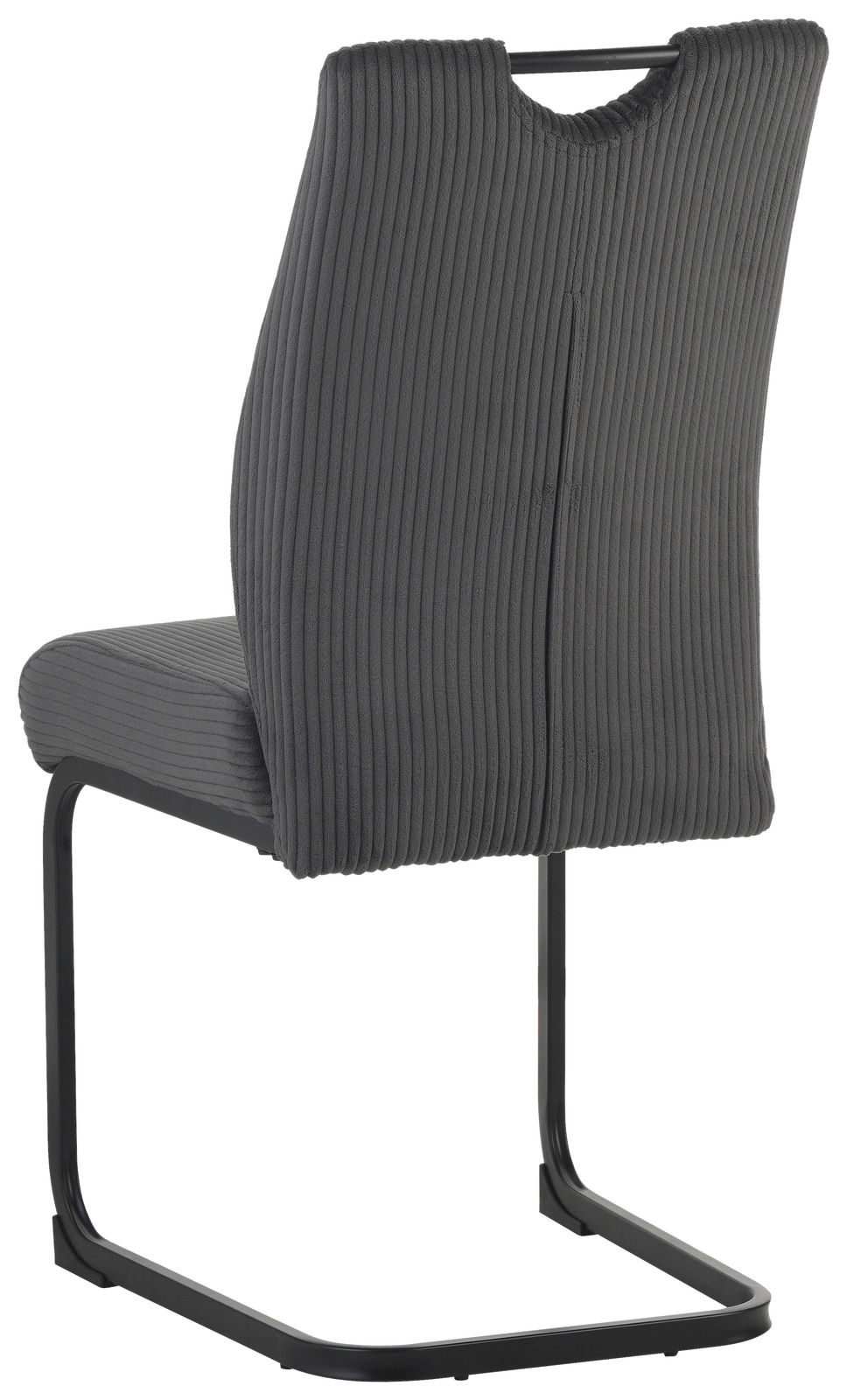 Rückansicht eines modernen Schwingstuhls mit grauem, geripptem Stoffbezug und schwarzem Metallgestell.