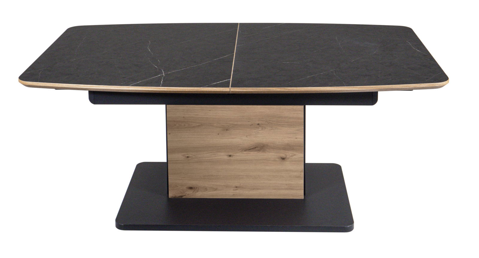 Moderner Couchtisch mit schwarzer Marmoroptik-Tischplatte und Holzdetails, frontal betrachtet.