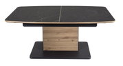 Moderner Couchtisch mit schwarzer Marmoroptik-Tischplatte und Holzdetails, frontal betrachtet.
