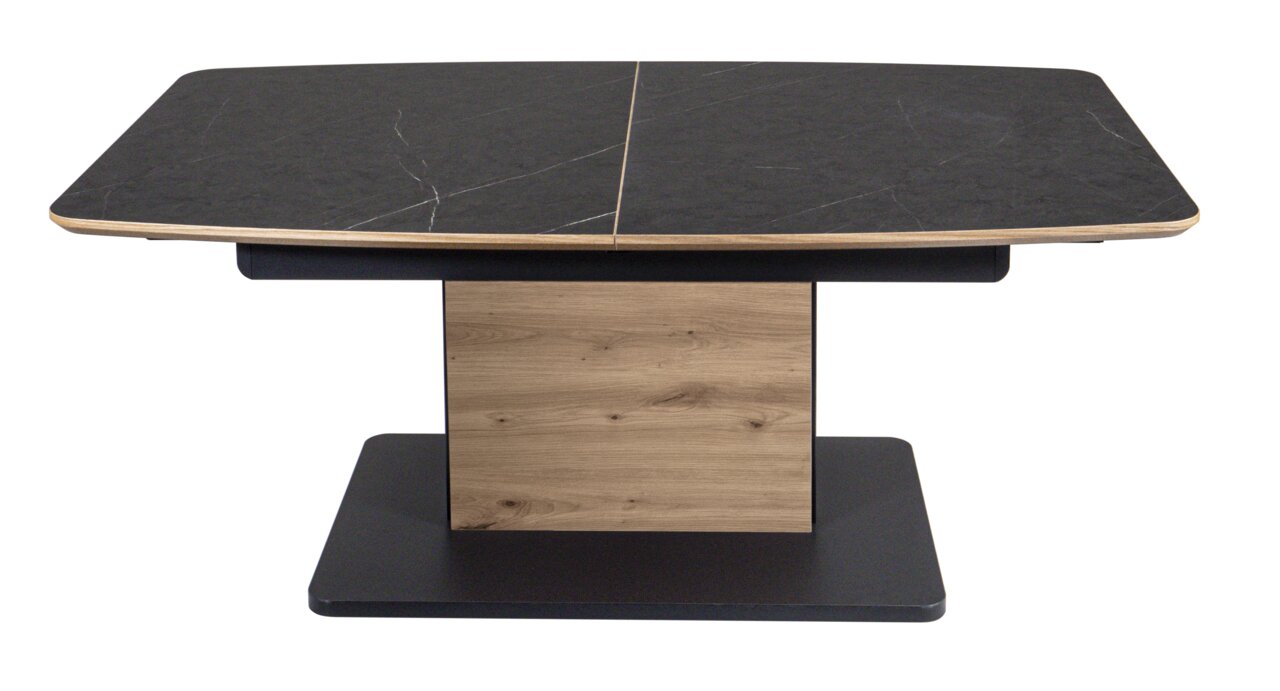 Moderner Couchtisch mit schwarzer Marmoroptik-Tischplatte und Holzdetails, frontal betrachtet.