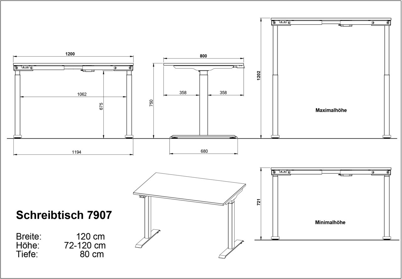 Zeichnung eines höhenverstellbaren Schreibtisches, Modell 7907, mit den Maßen 120 cm Breite, 72-120 cm Höhe und 80 cm Tiefe. Ansicht von vorne, der Seite und in der Perspektive.