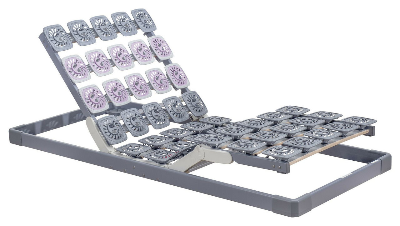 Verstellbarer Systemrahmen 80x200 mit flexiblen Tellerelementen, seitliche Perspektive