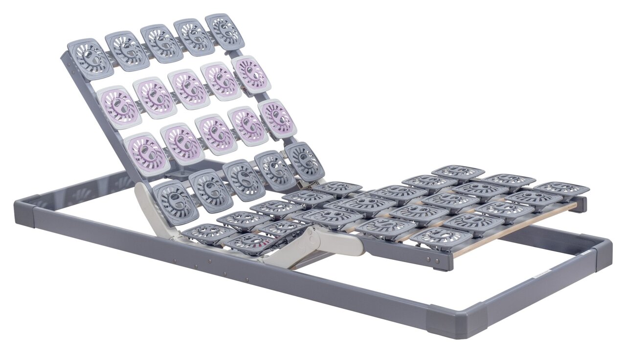 Verstellbarer Systemrahmen 80x200 mit flexiblen Tellerelementen, seitliche Perspektive