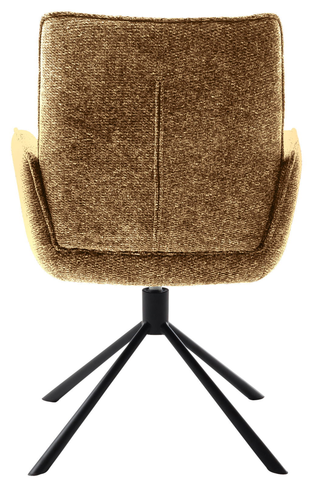 Rückansicht eines Armlehnstuhls mit braunem Stoffbezug und schwarzem Metallgestell.