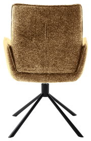 Rückansicht eines Armlehnstuhls mit braunem Stoffbezug und schwarzem Metallgestell.