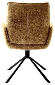 Rückansicht eines Armlehnstuhls mit braunem Stoffbezug und schwarzem Metallgestell.