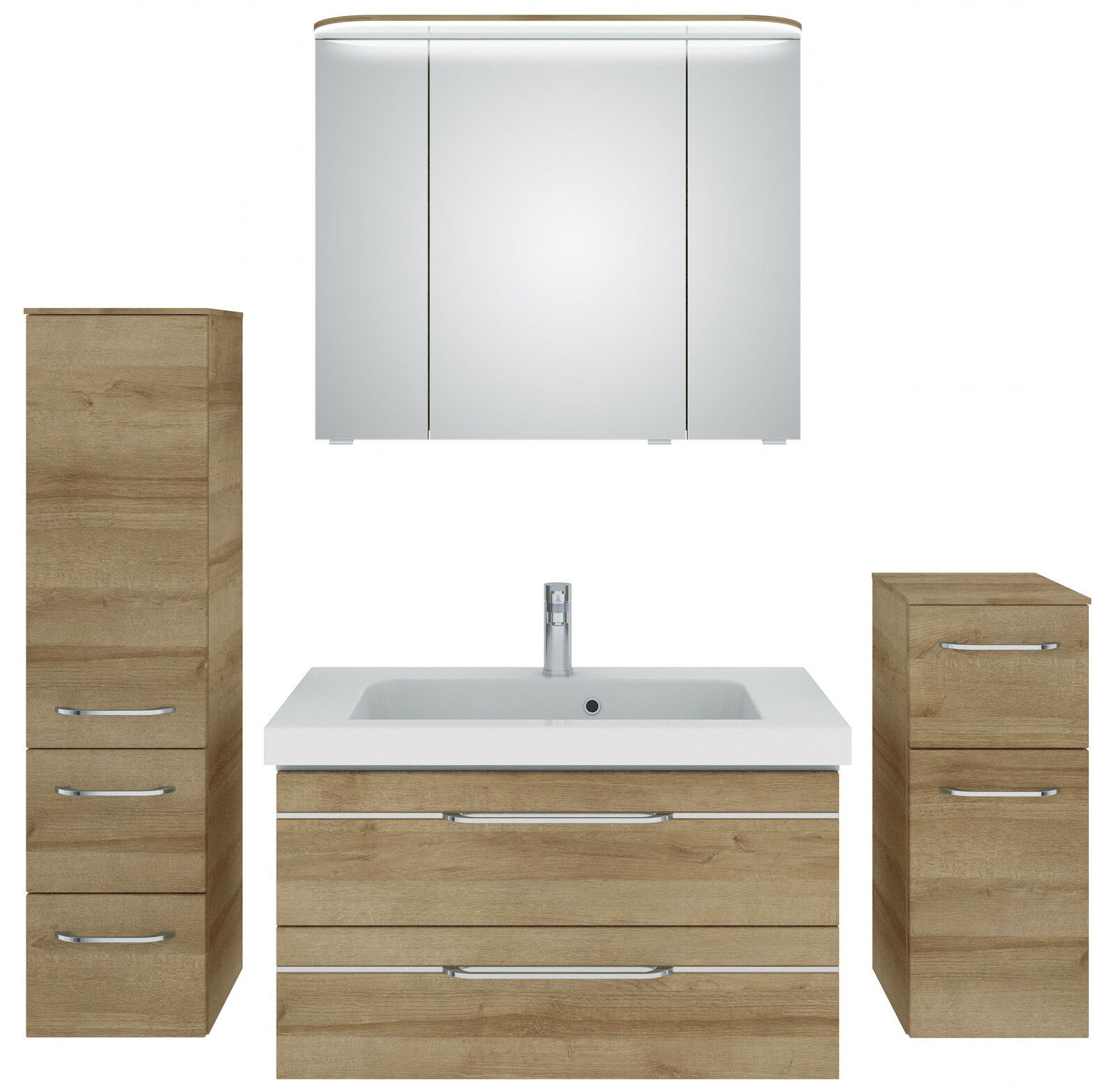 Pelipal Badblok BALTO SPRINT Badezimmermöbel-Set in Holzoptik mit Spiegelschrank, Waschbeckenunterschrank und zwei Hochschränken, frontale Ansicht
