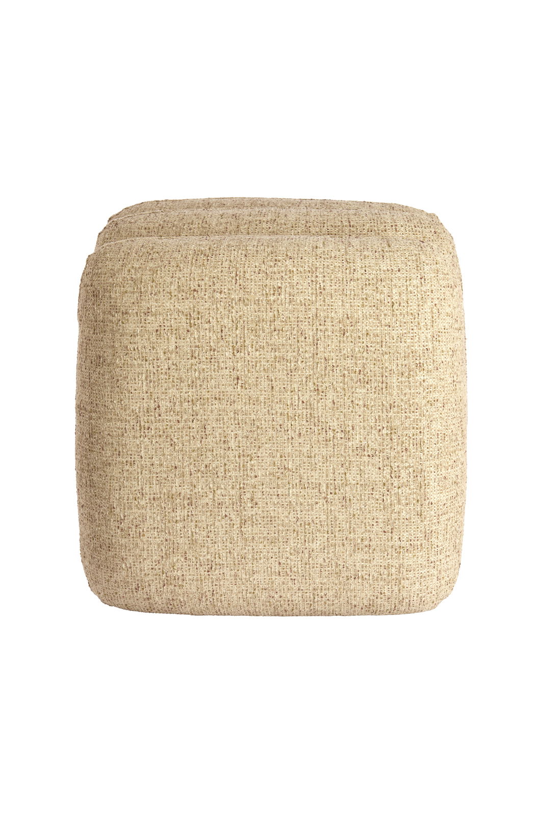 Beiger Sitzpuff aus Stoff, frontal fotografiert