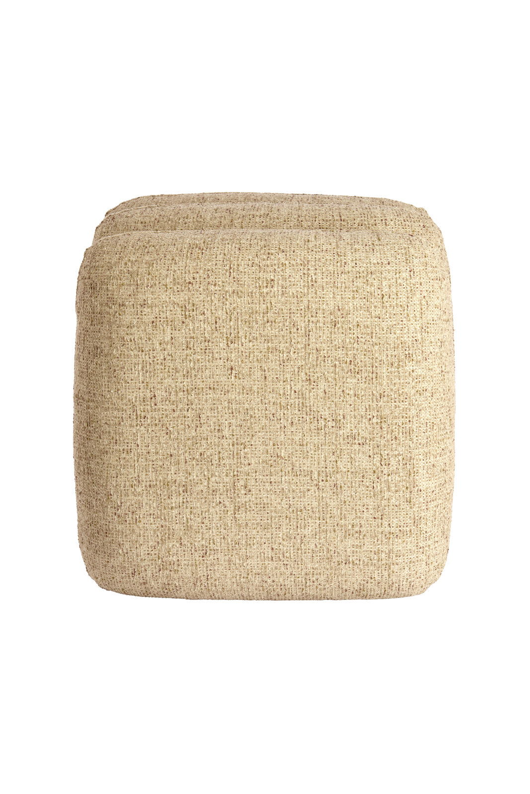Beiger Sitzpuff aus Stoff, frontal fotografiert