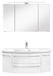 Frontale Ansicht einer dreiteiligen Badkombination mit Spiegelschrank und Waschbeckenunterschrank in modernem Design.