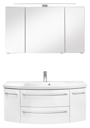 Frontale Ansicht einer dreiteiligen Badkombination mit Spiegelschrank und Waschbeckenunterschrank in modernem Design.